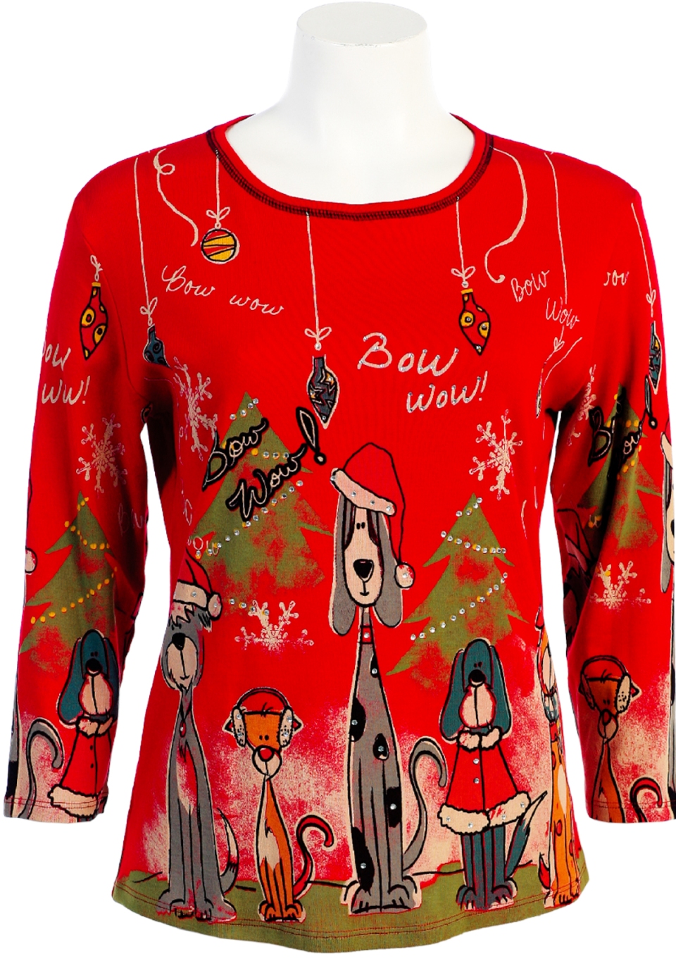 Bow Wow Christmas Ladies Cotton Rhinestone Holiday T Shirt